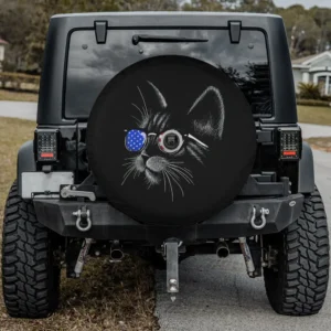 Cat with USA flag sunglasses spare tire cover with backup camera hole for Jeep or SUV