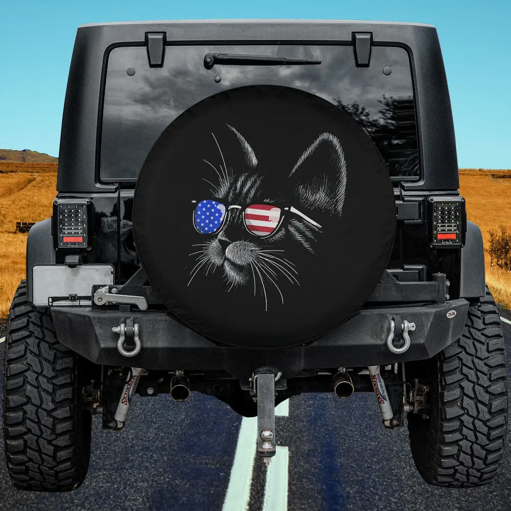 Cat American Flag Sunglasses Patriotic Spare Tire Cover No Camera Hole