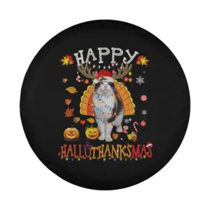 Funny cat antlers turkey feathers Hallothanksmas holiday design for spare tire cover