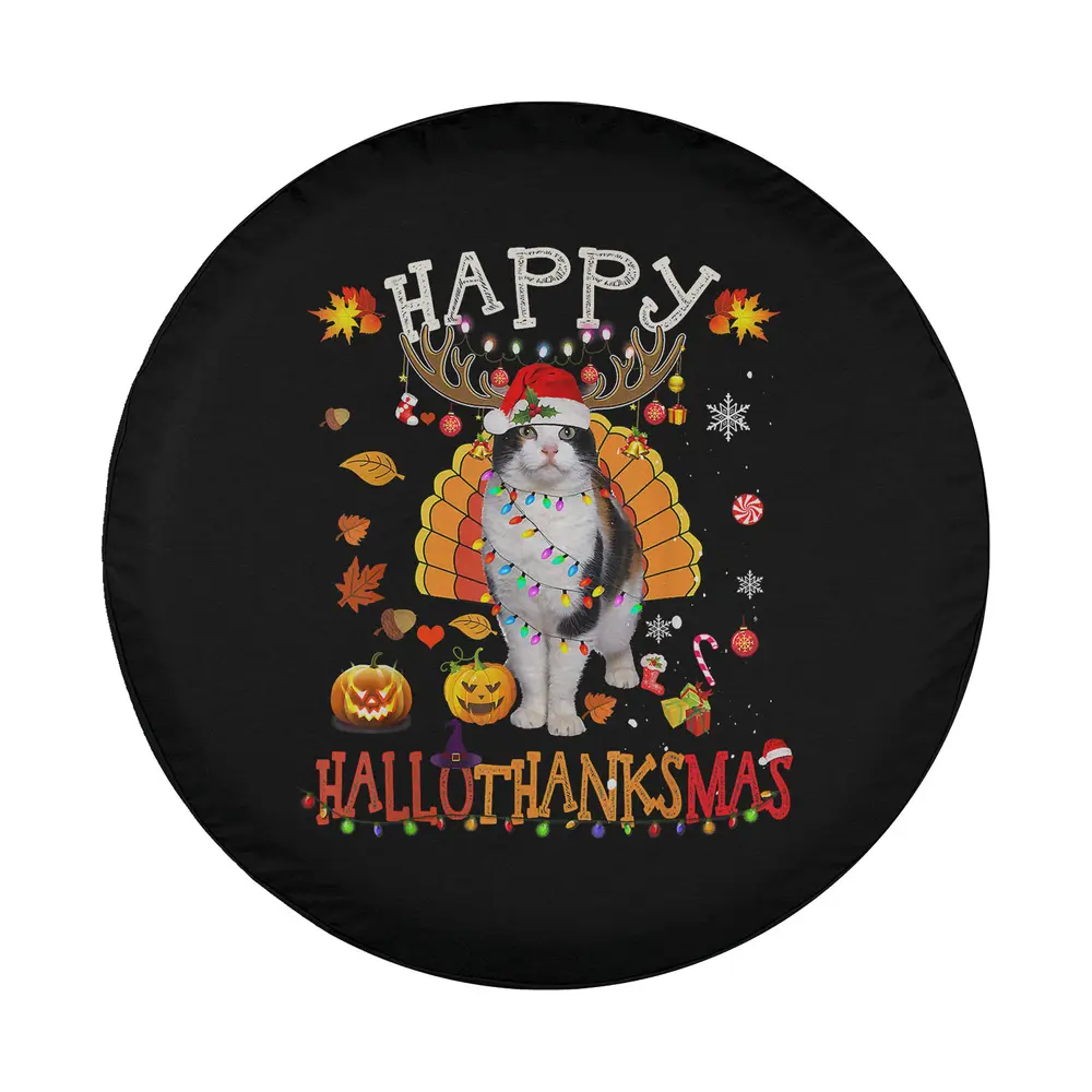 Funny cat antlers turkey feathers Hallothanksmas holiday design for spare tire cover
