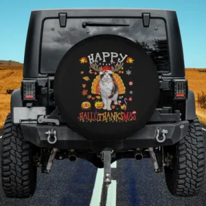 Cat with antlers and turkey feathers Hallothanksmas spare tire cover no camera hole for Jeep SUV RV