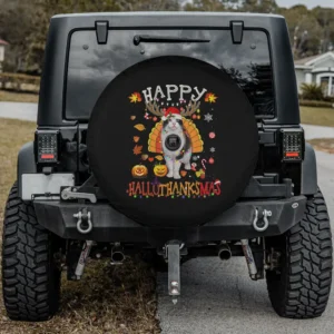 Cat antlers turkey feathers Hallothanksmas spare tire cover with camera hole for Jeep SUV RV