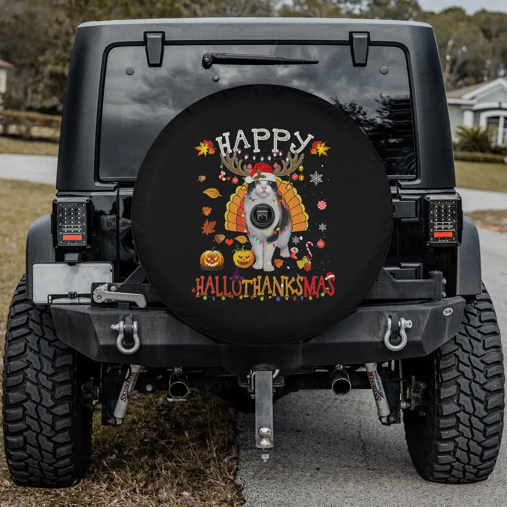 Cat antlers turkey feathers Hallothanksmas spare tire cover with camera hole for Jeep SUV RV