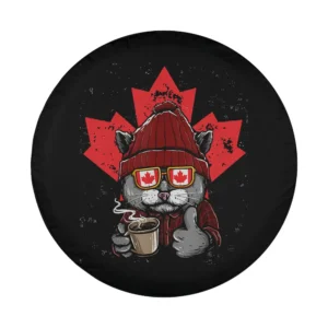 Cartoon cat with beanie, maple leaf, and Canada sunglasses design