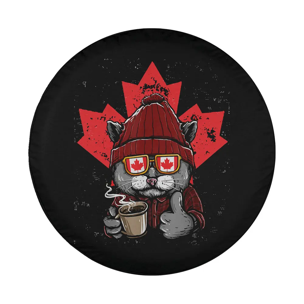 Cartoon cat with beanie, maple leaf, and Canada sunglasses design