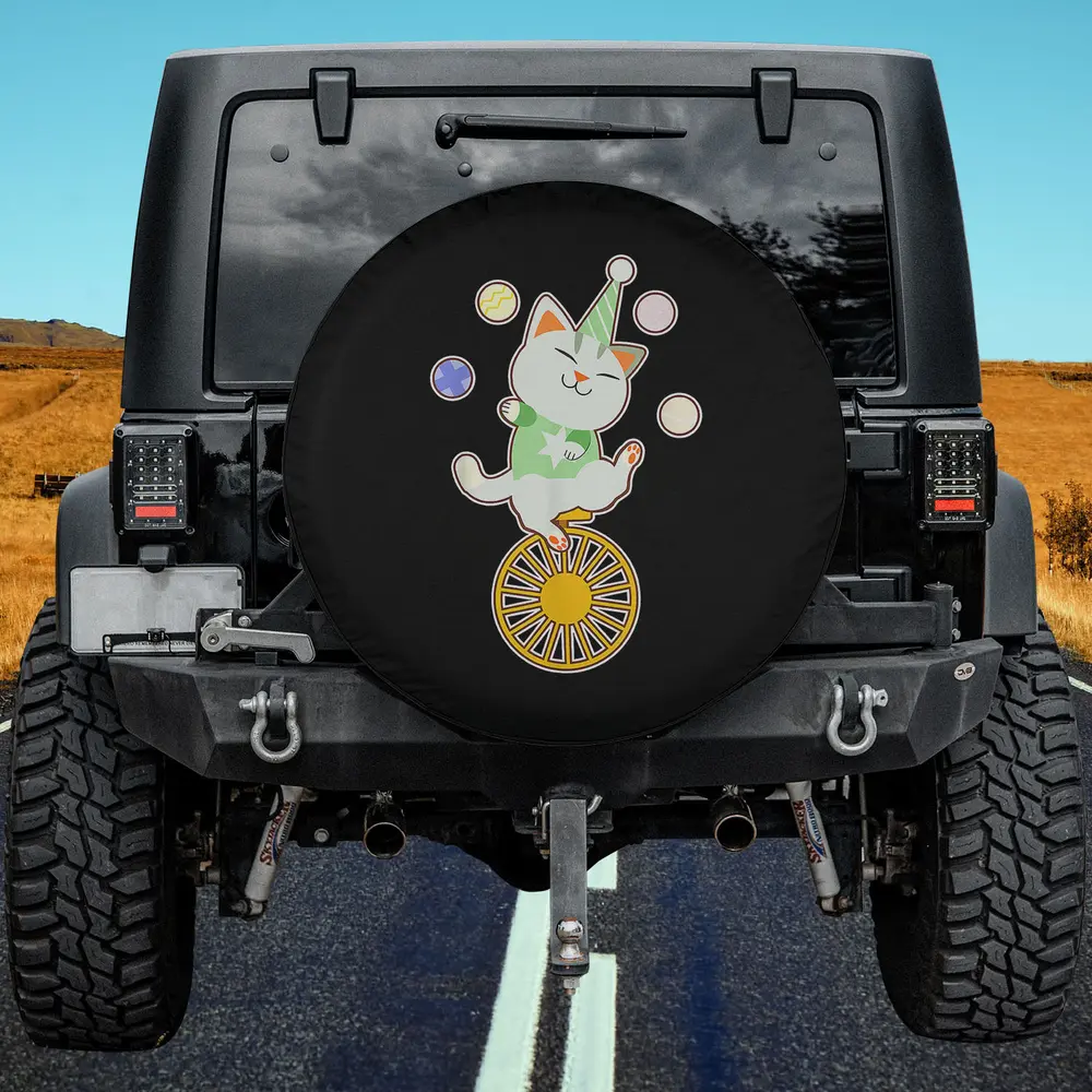Cute Cat Juggling Circus Balls Unicycle Spare Tire Cover No Camera Hole