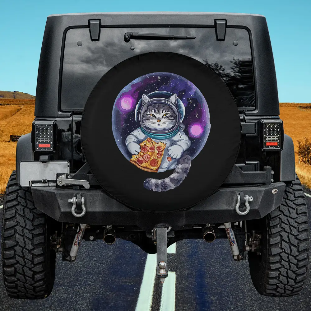 cat eating pizza astronaut universe spare tire cover no camera hole
