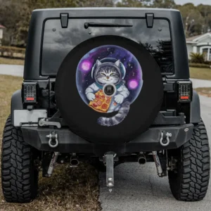 cat eating pizza astronaut universe spare tire cover with camera hole