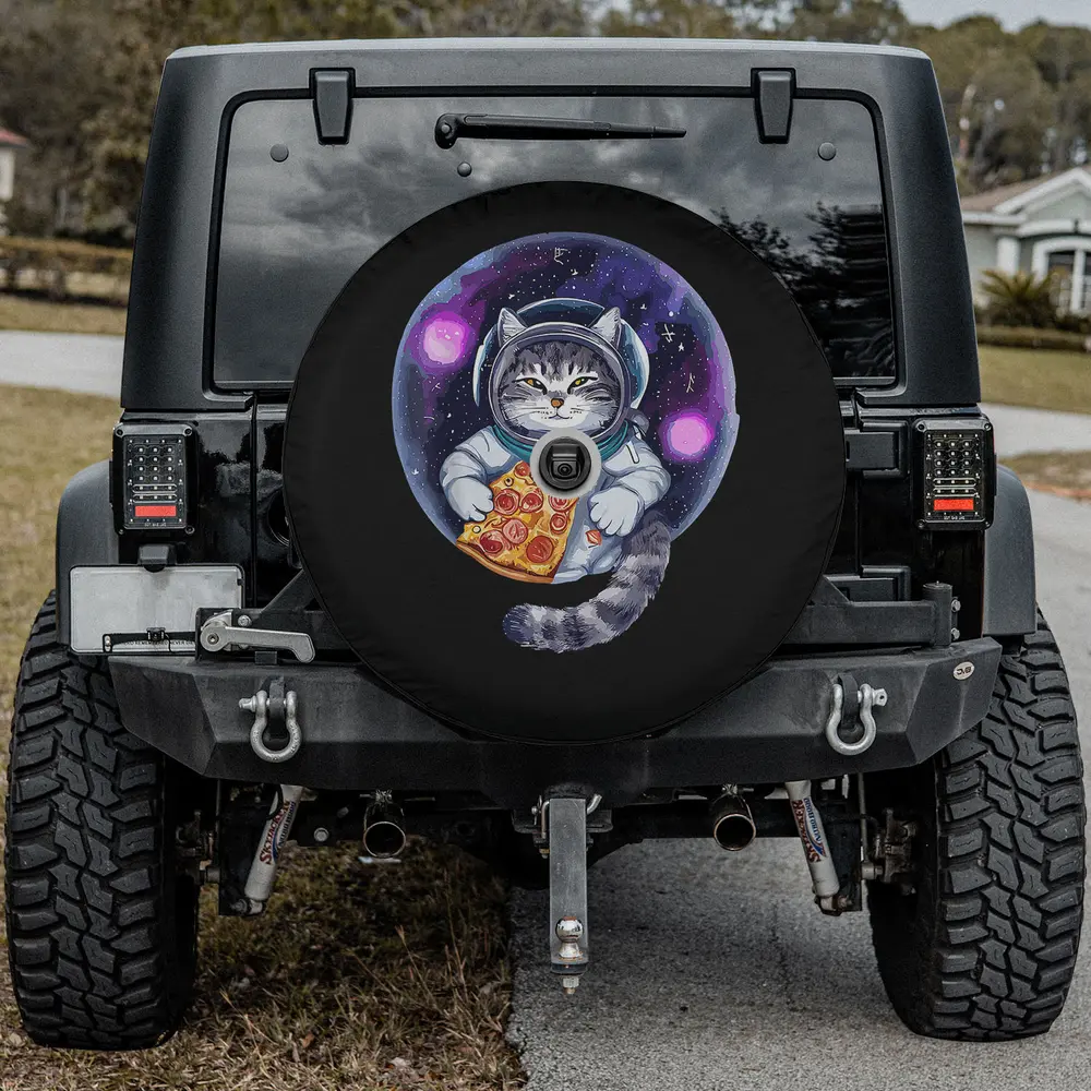 cat eating pizza astronaut universe spare tire cover with camera hole