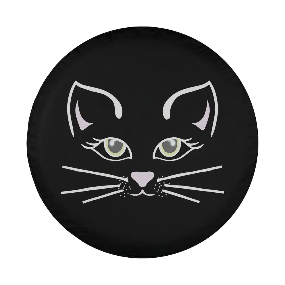 Minimalist cat face with pink nose and green eyes Halloween tire cover design art