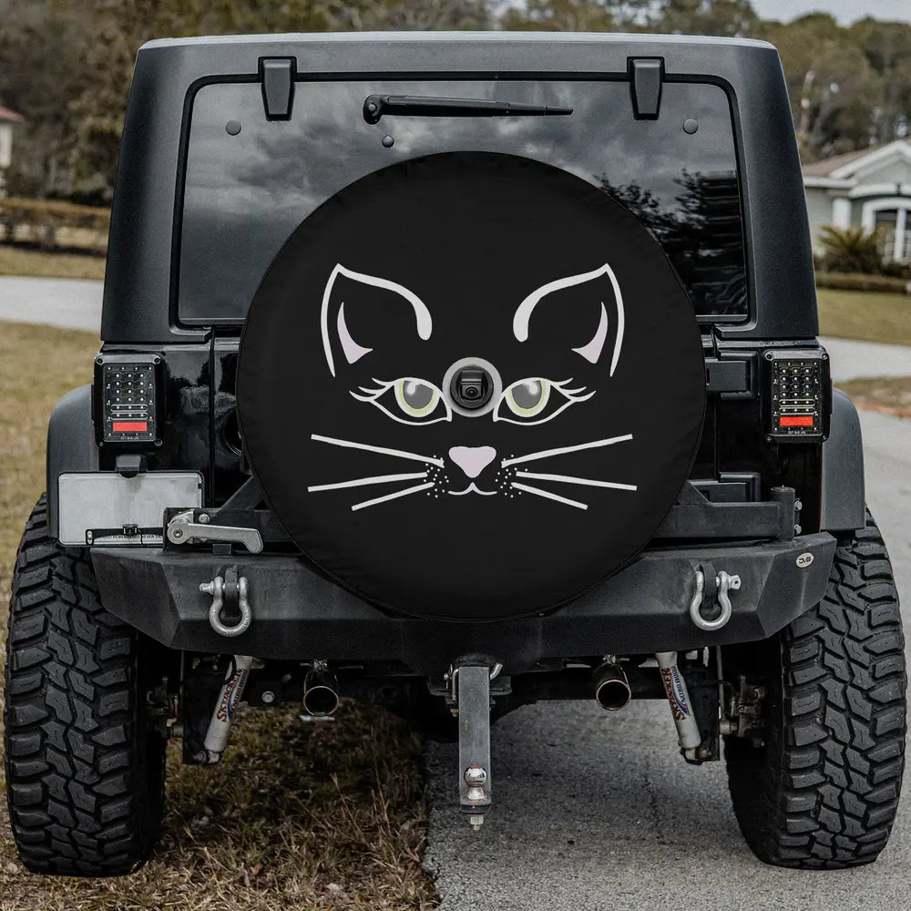 Cat face pink nose Halloween spare tire cover with backup camera hole for Jeep or SUV