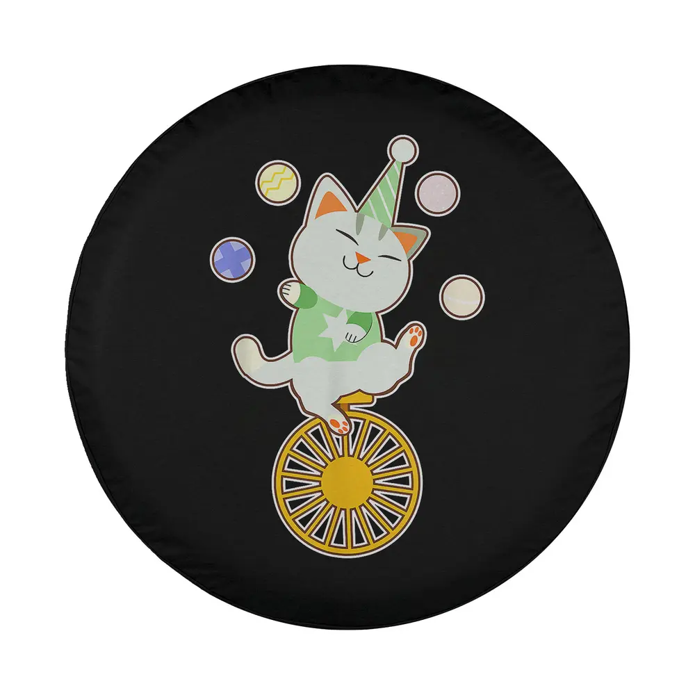 artwork of cute cat juggling circus balls on unicycle for tire cover