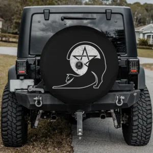 stretching cat pentagram moon wiccan witch spare tire cover with camera hole