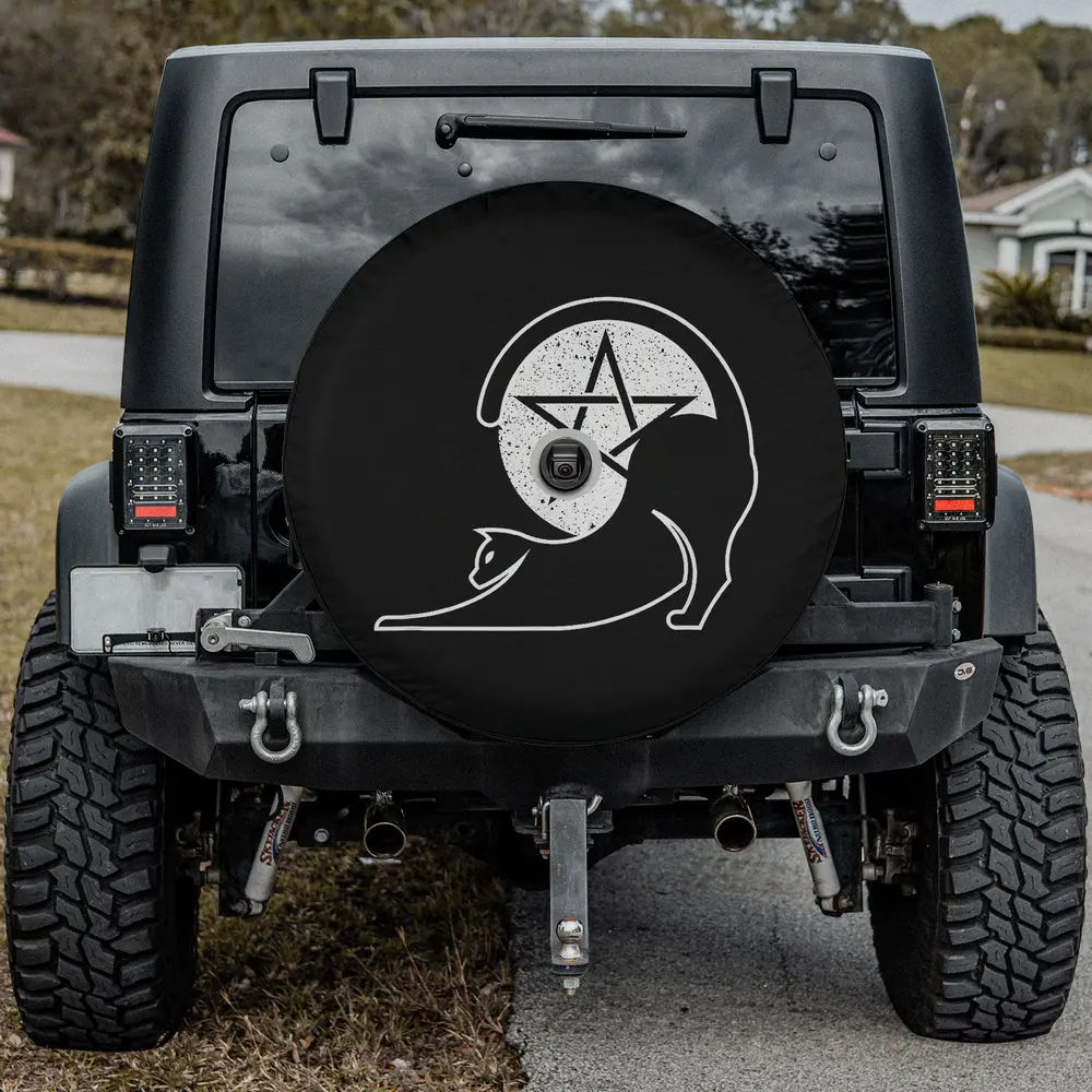 stretching cat pentagram moon wiccan witch spare tire cover with camera hole