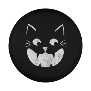 distressed cat pumpkin face jack o lantern Halloween tire cover design