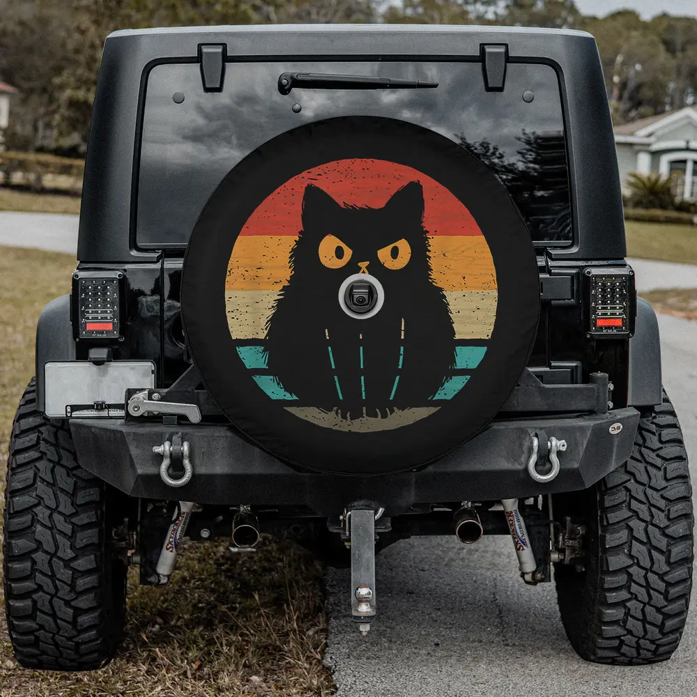 black cat retro sunset vintage distressed spare tire cover with camera hole