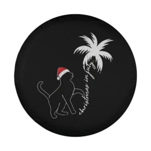 Line art cat with Santa hat and palm tree Christmas in July design