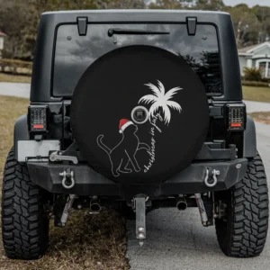 Cat Santa hat palm tree Christmas in July spare tire cover with camera hole