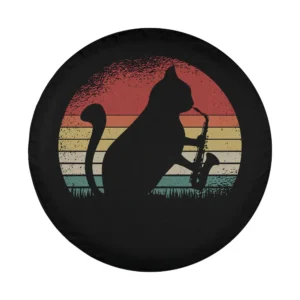 Retro sunset cat musician saxophone art for spare tire cover design only