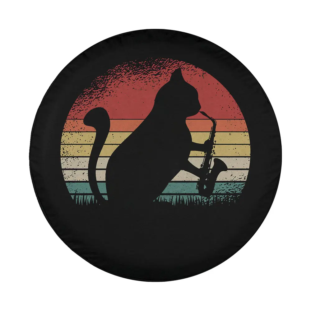 Retro sunset cat musician saxophone art for spare tire cover design only