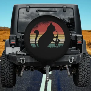 Cat playing saxophone with retro sunset on spare tire cover, no camera hole