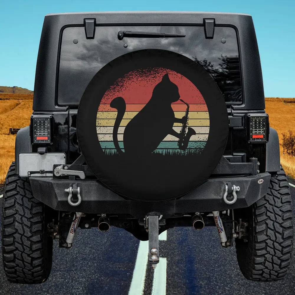 Cat playing saxophone with retro sunset on spare tire cover, no camera hole