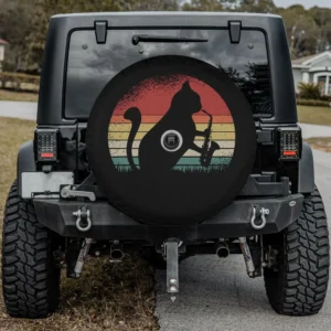 Cat saxophone retro sunset musician spare tire cover with camera hole for Jeep