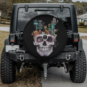 cartoon cats skull kitty skeleton halloween spare tire cover with backup camera hole for Jeep, SUV, RV