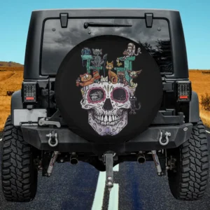 cartoon cats skull kitty skeleton halloween spare tire cover with no camera hole for Jeep, SUV, RV