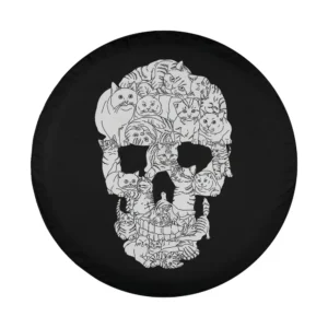 white cat faces forming skull goth halloween graphic on black spare tire cover