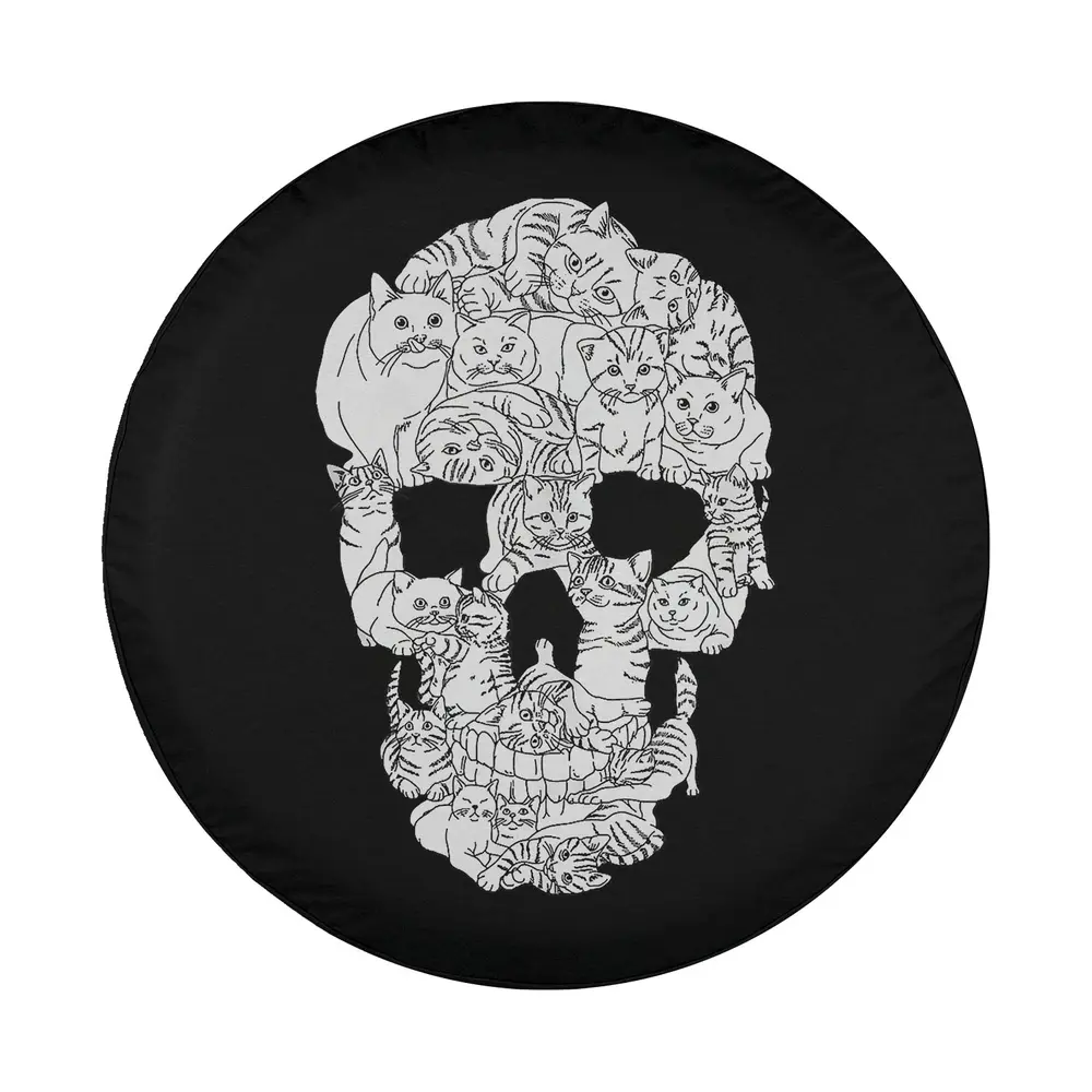 white cat faces forming skull goth halloween graphic on black spare tire cover