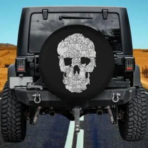 cat faces skull goth halloween spare tire cover on Jeep with no camera hole