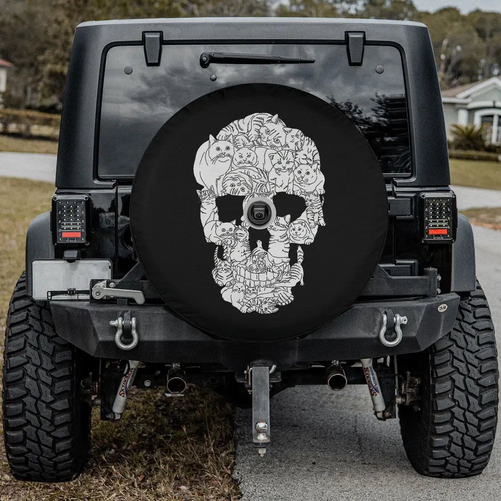 cat faces skull goth halloween spare tire cover with backup camera hole option