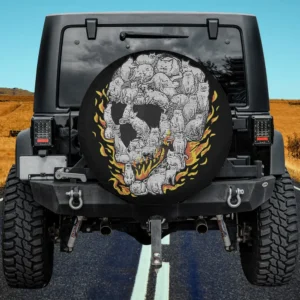 Cat skull made of cats with flames Halloween spare tire cover no camera hole