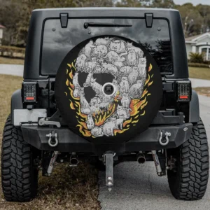 Cat skull flames Halloween spare tire cover with backup camera hole Jeep RV