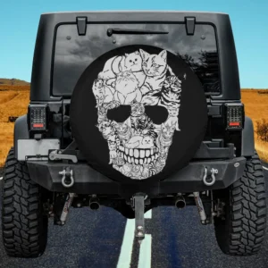cat skull kitty skeleton halloween costume skull cat spare tire cover with no camera hole on Jeep