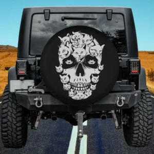 Cat skull made of kitty faces Halloween spare tire cover for Jeep SUV RV, no camera hole