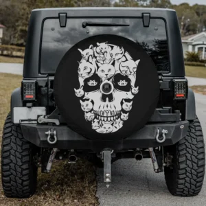 Cat skull kitty skeleton Halloween spare tire cover with backup camera hole, fits Jeep