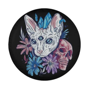 psychedelic third eye cat blue feathers skull halloween tire cover art design