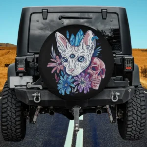 third eye cat with blue feathers and skull halloween spare tire cover no camera hole