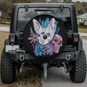 third eye cat with blue feathers and skull halloween spare tire cover with camera hole