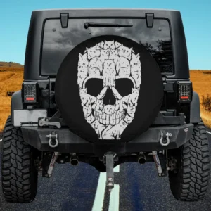 Cat skull made of vintage cats skeleton Halloween spare tire cover on Jeep