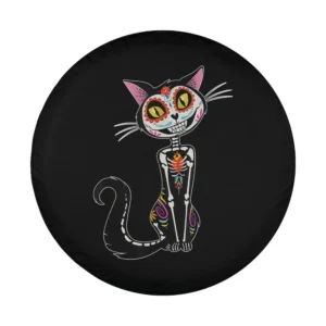 Colorful cat sugar skull dia de los muertos design on spare tire cover