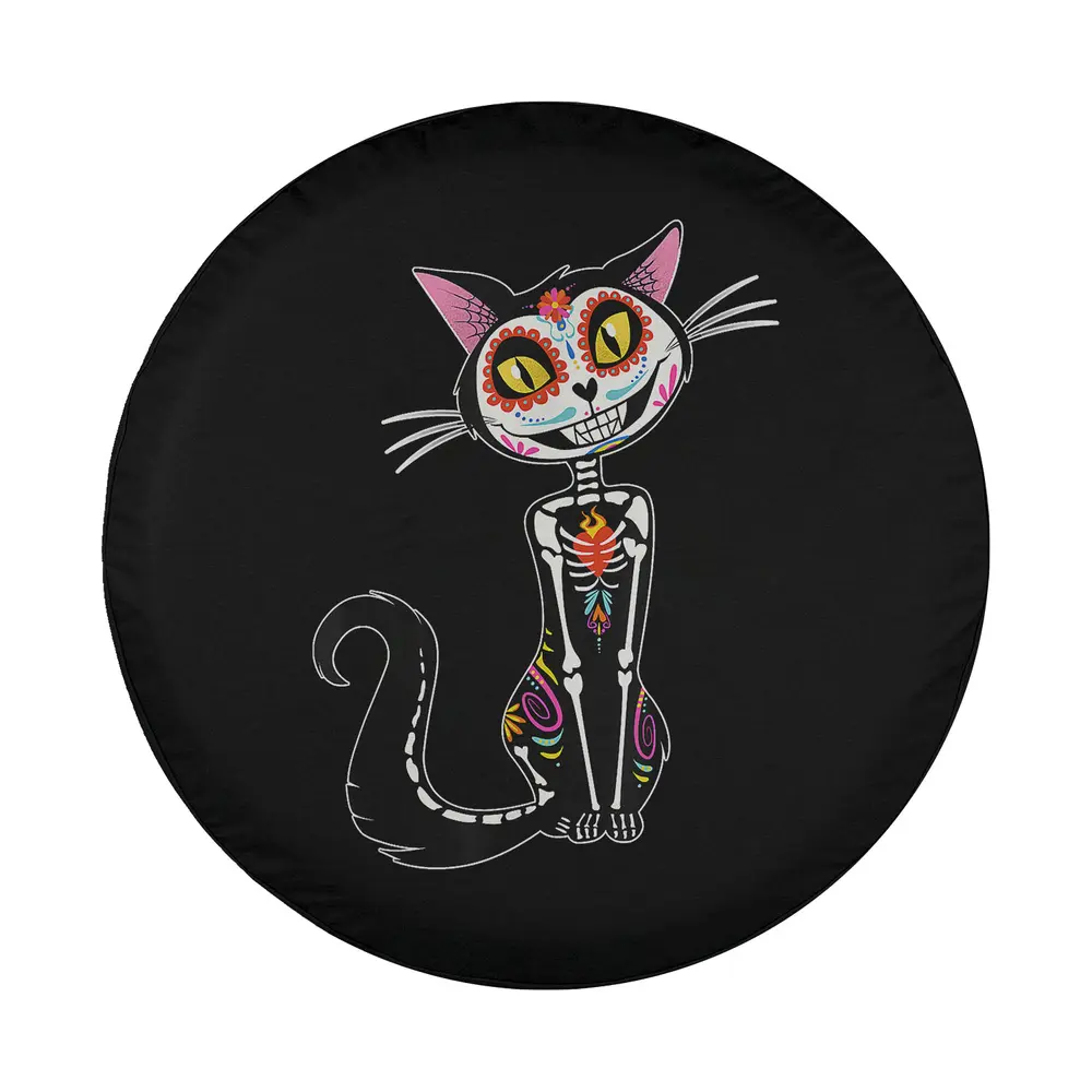 Colorful cat sugar skull dia de los muertos design on spare tire cover
