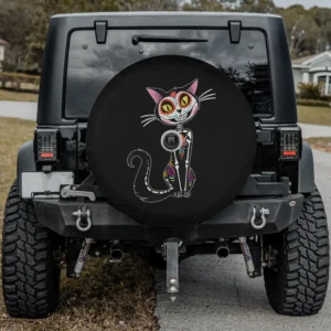 Cat sugar skull dia de los muertos spare tire cover with camera hole for Jeep Wrangler