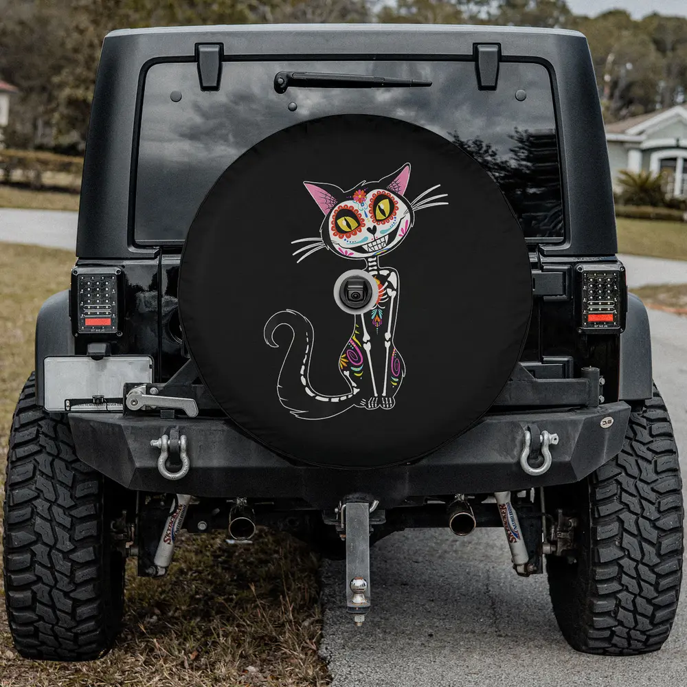 Cat sugar skull dia de los muertos spare tire cover with camera hole for Jeep Wrangler