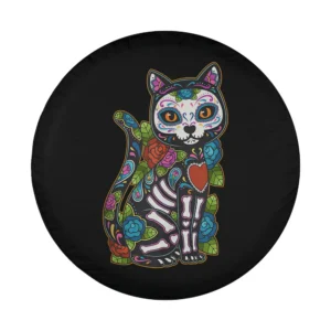 Vibrant sugar skull cat with roses and calavera bones Dia de los Muertos art