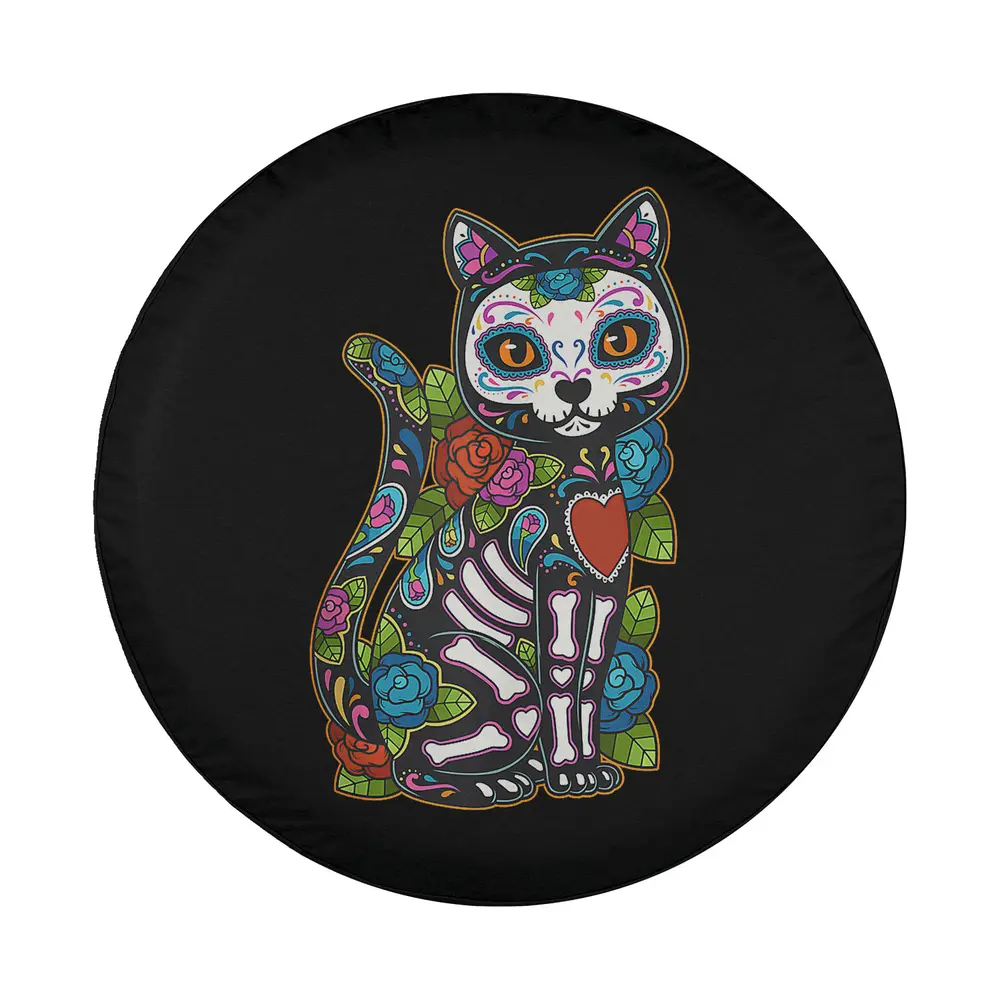 Vibrant sugar skull cat with roses and calavera bones Dia de los Muertos art