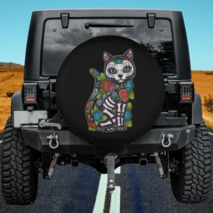 Sugar skull cat with roses calavera dia de los muertos spare tire cover on Jeep