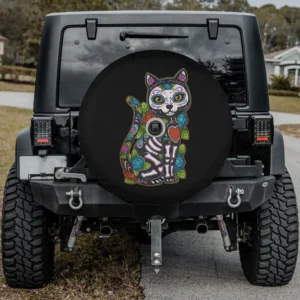 Sugar skull cat roses calavera dia de los muertos spare tire cover with camera hole